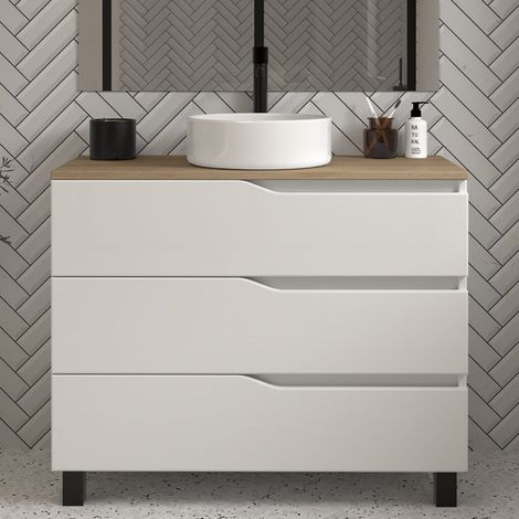 Meuble de salle de bain 100cm avec plateau miel et vasque à poser - sans miroir - 3 tiroirs - blanc - MATA (1/4)
