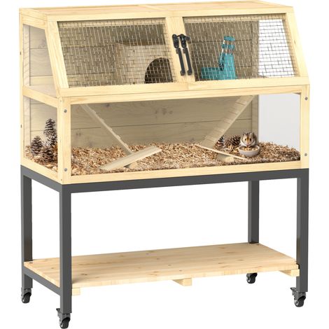 Cage pour hamster nain en bois avec étagère roues rampes biberon cabane bascule 87 x 43 x 101cm