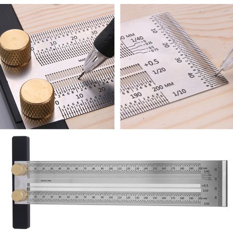 T-Markierungslineal aus Edelstahl für die Holzbearbeitung mit automatischem Stift, 200 mm (1/5)
