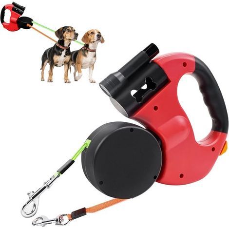 Laisse pour chien - Collier pour chien - Laisse de 3 mètres - Laisse double extensible - Poignée antidérapante - Pour 2 chiens jusqu'à 15 kg - Pour petits chiens - Rose rouge (1/5)