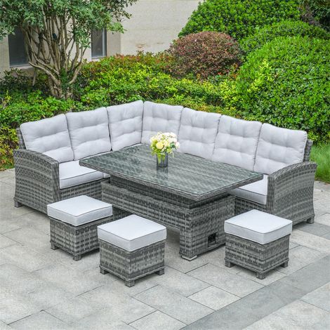Abrihome Premium Aluminum PE Rattan Sofa Set – 8-Seater with Lift Table, Rust-Proof & Weather-Resistant (1/5)