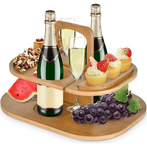 Outdoor picnic table, wooden coffee table/serving tray, portable camping garden table with wine function, with 2 cup holders, 2 bottle holders and 2 divided plates (1/5)