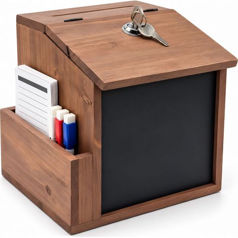 Relaxdays Suggestion Box, Ballot Box, Complaint Box, Chalkboard, Lockable, HWD: 20x21x16 cm, Donation Box, Natural Wood (1/5)