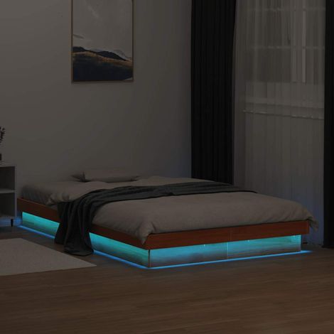 Cadre de lit LED RGB 120 x 200 cm en pin massif, cire marron, avec sommier à lattes - PANGIVO (1/5)