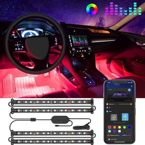 Bandes LED pour intérieur de voiture avec application, 4 pcs 48 LED pour intérieur de voiture Design double ligne amélioré étanche multicolore sous lumière avec chargeur de voiture, DC12V [Classe éner (1/4)