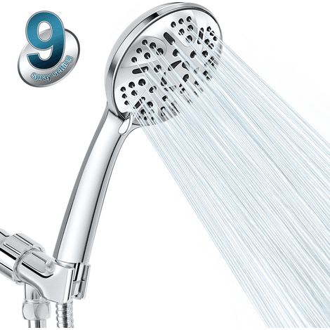 Cabezal de ducha de mano de alta presión, 9 patrones de rociado, cabezal de ducha tipo lluvia de 5 pulgadas con manguera de acero inoxidable de 60 pulgadas, soporte de ángulo ajustable, cinta de tefló (1/4)