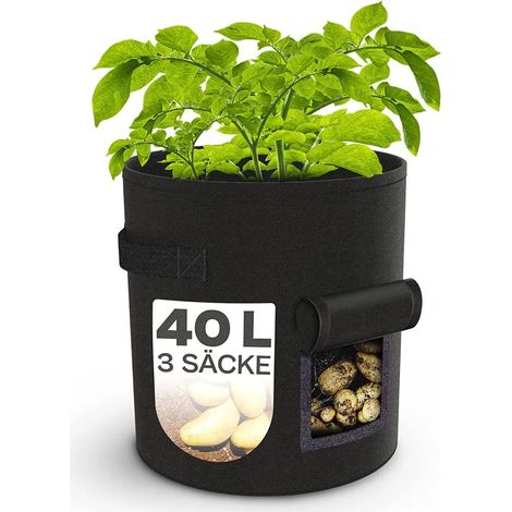 Lot de 3 sacs de plantation en toile de jute (40 L) - avec fenêtre de visualisation et bouchon pour marquage - perméables à l'eau - pour usage intérieur et extérieur (1/5)