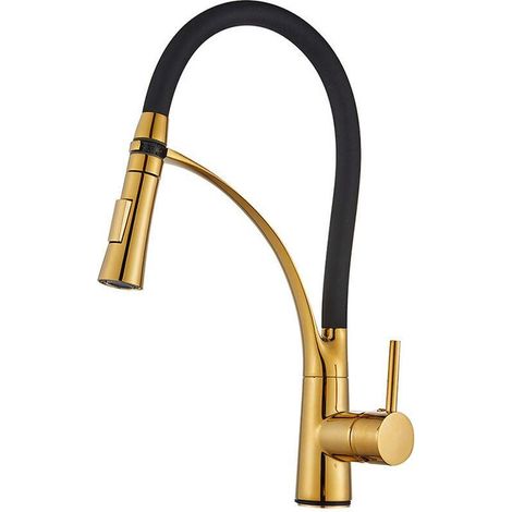 Mitigeur Cuisine Doré Rétractable 360° Flexible, Robinet Évier 2 Modes avec Douchette Extractible, Eau Chaude Froide, Finition Or Brossé (1/3)