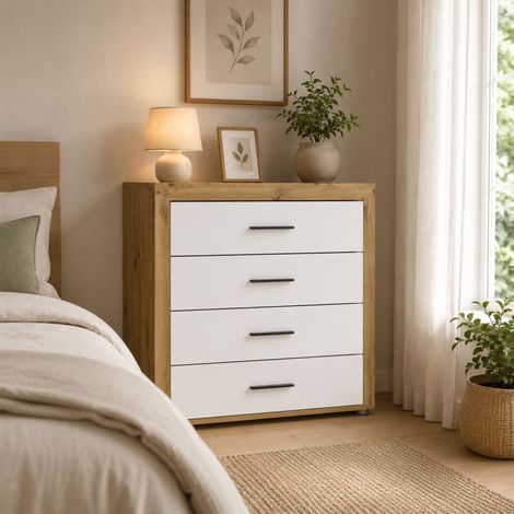 Cómoda Lematare, 4 Cajones, Apertura y Cierre Deslizante, 95x42x88h cm, Roble Marrón (1/3)