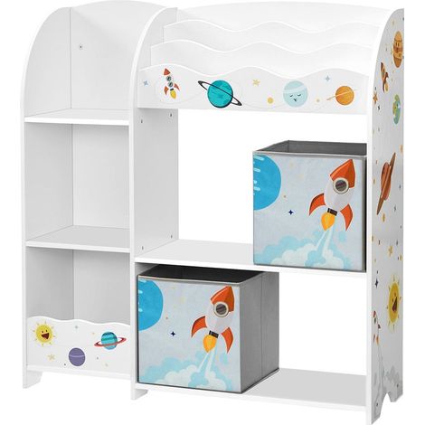 Scaffale porta giocattoli 93 x 30 x 100 cm per bambini e libri mobiletto portaoggetti multifunzionale con 2 cassetti in tessuto tema pianeta per sala giochi cameretta dei bambini soggiorno bianco 1200