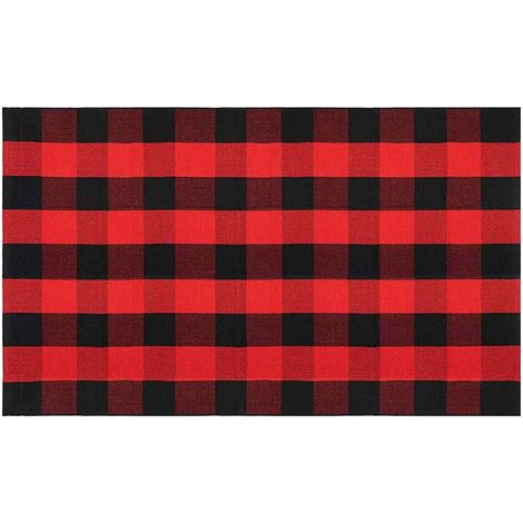 Outdoor-Teppich im Büffelkaromuster, 60 x 130 cm, handgewebt aus Baumwolle, waschbar, schwarz-weiße Fußmatte für Veranda, Haustür, Landhausstil (1/5)