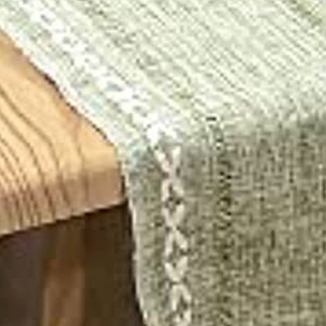 Chemin de table rétro élégant en coton et lin tissé à la main avec pompons, idéal pour un mariage ou une réception. Vert croix.