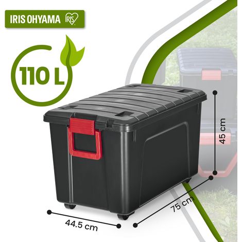 Malle, Boîte de rangement plastique, avec Couvercle et Clips de fermeture, 110L, A l'unité, Empilable, Roues, Sans BPA, Grenier, Cabanon, Garage, SIA-110, Noir (1/5)