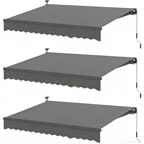 3er-Set outsunny Klemmmarkise mit Handkurbel Solar-Lichte Gelenkarmmarkise Markise Sonnenschutz UV 50+, Balkonmarkise inkl. Wandhalterung Sonnenmarkise 400 cm breit für Terrasse Balkon Veranda, Grau