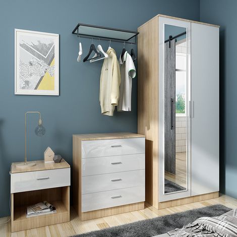 ELEGANT Modern High Gloss Wardrobe and Cabinet Furniture with Mirror Set 2 Doors Wardrobe and 4 Drawer Chest and Bedside Cabinet, White/Oak (1/5)