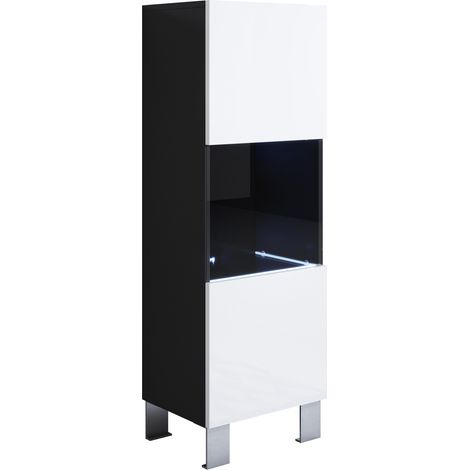 Vitrina con Patas 12cm Armario Mueble de Salón Vitrina de pared LED 1 puerta 40x138x29cm Modelo Luke V3 Negro y Blanco brillo