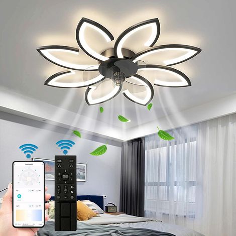 Ventilateur de plafond avec lumières, plafonnier LED à intensité variable 3 couleurs, télécommande et application, 6 vitesses, minuterie, 90 cm
