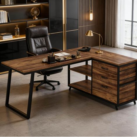 Bureau d’angle en L réversible avec rangements, 135 x 100 x 75 cm, bois et métal, OKWISH (1/5)