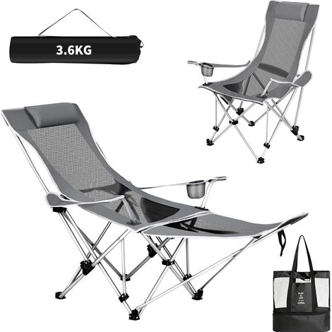 Chaise de camping pliable 2 en 1, chaise de pêche pliable jusqu'à 120 kg, chaise de plage avec dossier réglable sur 4 positions, chaise de camping avec repose-pieds et porte-gobelet pour (1/5)