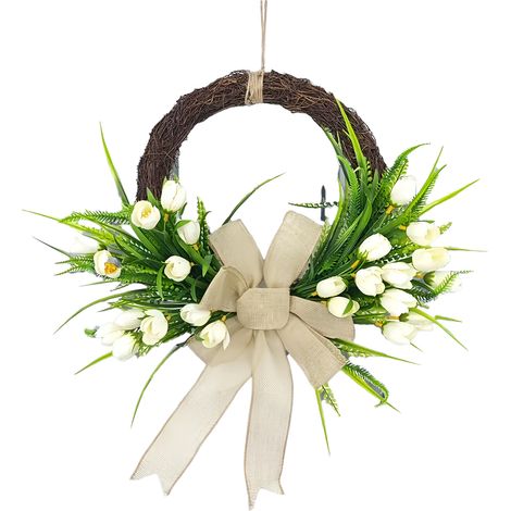48 cm großer Kranz zum Muttertag, verziert mit künstlichen Tulpen, ideal zur Dekoration Ihres Gartens. (1/2)