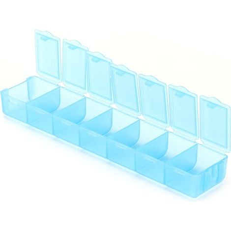 Aufbewahrungsbox mit 7 Fächern, Farbpalette, Reiseschmuck, blaue Plastikbox. (1/5)