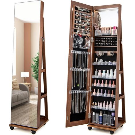 GOPLUS Armoire à Bijoux Mobile avec Miroir Pleine Longueur-avec Serrure-Lumières Led 3 Couleurs-Miroir de Courtoisie Intégré Marron
