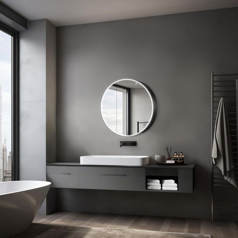 Armoire de Toilette Lumineuse Ø60 cm Noir - Meuble de Salle de Bain avec Miroir et 2 étagères - Aluminium - Fond Miroir (1/5)