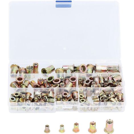 Kit de 165 écrous à sertir à rayures verticales colorées, en acier au carbone zingué M3/4/5/6/8 (1/4)