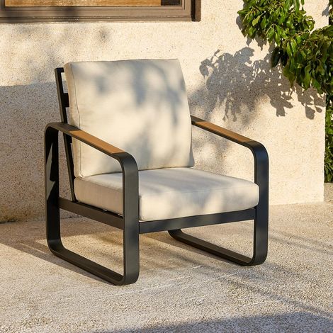 Tribesigns Gartensofa für den Außenbereich mit Kissen, Balkonstühle schwarzem Aluminiumgestell, Gartenstühle Gartensessel mit Armlehnen aus Holz, 77 cm x 80 cm x 92 cm, Beige (1/5)