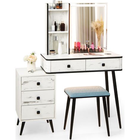 COSTWAY Dressing Table Vanity Set Makeup Stool 3-Drawer Chest Storage LED Light (1/5)