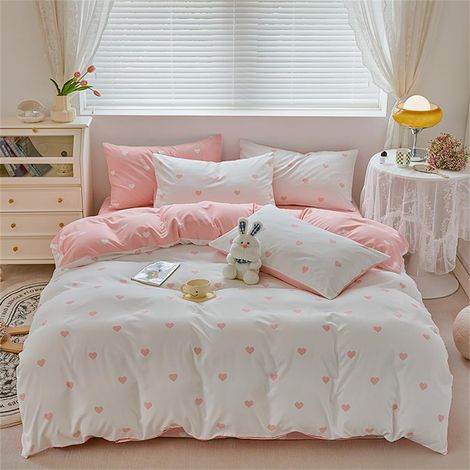 Parure de lit réversible en microfibre avec housse de couette de 140 x 200 cm et taie d'oreiller de 70 x 90 cm, motif cœur rose et blanc, pour enfant fille (1/5)