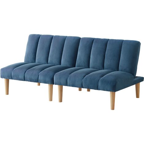 Canapé convertible 2 places en velours côtelé bleu, dossier 3 positions, couchage d'appoint pour petit salon ou bureau, pieds en bois d'hévéa CHICFURN (1/5)