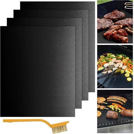 Lot de 4 tapis de cuisson antiadhésifs réutilisables avec brosse de nettoyage incluse – Plaque de cuisson pour barbecue à gaz, charbon de bois et électrique (40 x 32 cm) – Noir (1/4)
