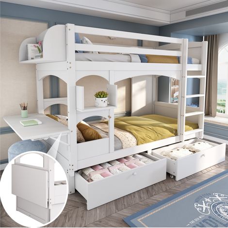 Lit mezzanin 90 x 200 cm enfant en bois blanc avec bureau rabattable et rangements (1/5)
