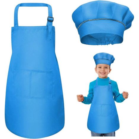 Tablier Enfant et Chapeau de Chef Set, Réglables Tabliers de Cuisine avec 2 Poches pour Filles Garçons, Bambin Tablier de Chef de Jardin pour Cuisson Peinture l'artisanat (7-13 Ans) (Bleu)-Fei Yu (1/5)