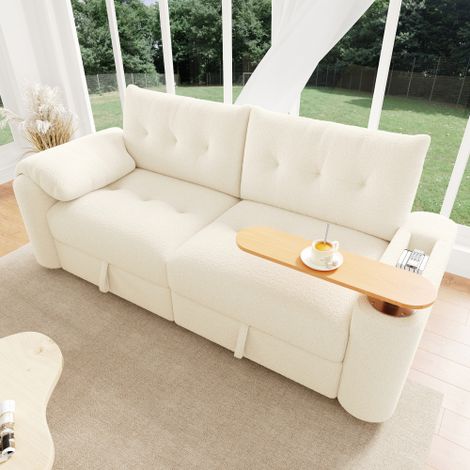 Canapé-lit modulable 3 places en peluche douce – Rangement intégré – Appui-tête et tablette pivotante – Dimensions 207,5 x 80 x 87 cm