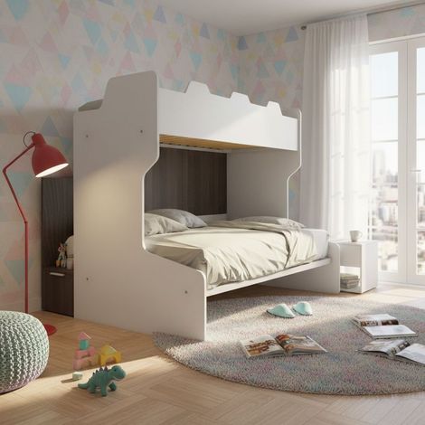 Letto a castello salvaspazio con scala contenitore - 1 Piazza e mezza + singolo - Bianco e Olmo (1/5)