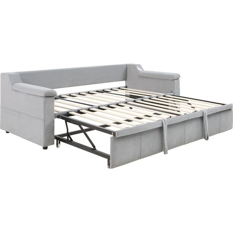 Sofá cama capitoné 90x190 cm de terciopelo gris claro con Bluetooth, USB y almacenaje (1/5)