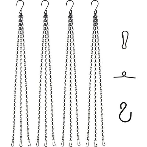 [4 Pack] 50cm Chaîne de panier suspendu à 3 brins Métal Rechange Crochet de chaîne avec crochet et clip pour pots de fleurs Jardinières Mangeoires d'oiseaux Lanternes Tableaux ornements - Noir (1/5)