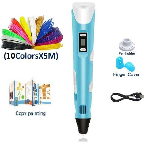 Lápiz de impresión 3D para niños, modelo USB con distancia de uso de 5 m x 10 colores (50 m total) + libro pintura plegable + fundas dedos, azul (1/2)