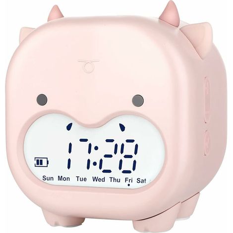 Réveil Enfant Veau Mignon, Numerique Réveil Veilleuse Intelligent Réglage de la Lumière de Respiration, Affichage Automatique Temps/Date/Température, Contrôle Vocal ou Tremblement Rose, (1/5)