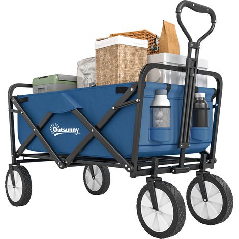 Outsunny 90L Festival Trolley on Wheels, Folding Camping Trolley Cart with Adjustable Handle, Portable for Outdoor, Garden, Shopping, Fishing, Navy Blue