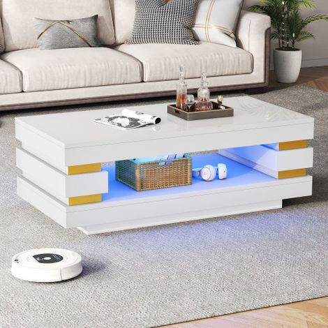 Table basse 100x50x35 cm avec éclairage LED - Finition brillante - Design ajouré - Panneaux de particules - Blanc
