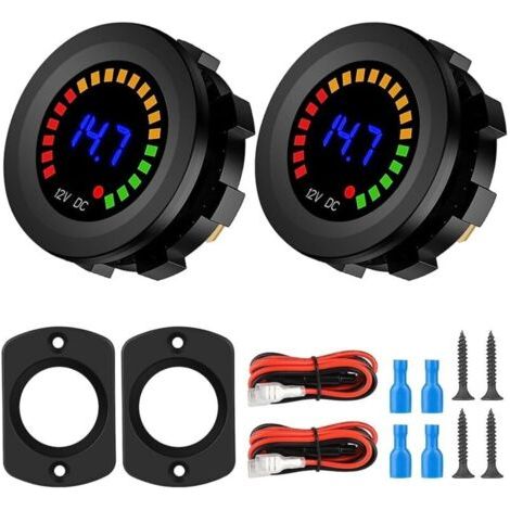 2PCS Voltmètre Numérique LED Étanche, CC 12V 24V Testeur de Batterie avec Alarme de Tension pour Voiture Bateau Moto Camion Caravane
