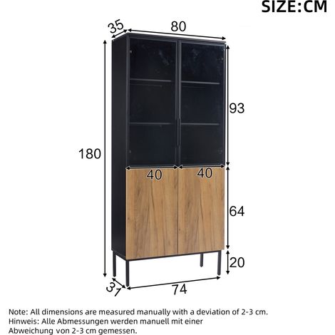 Vitrine en verre 180 cm avec LED, 4 portes, étagères réglables, noir et chêne OKMYHOME (1/5)