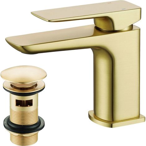 Modern Cloakroom Brushed Brass Square Basin Mono Mixer Tap + Waste