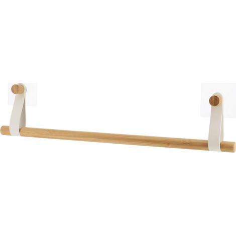 Porte-serviettes 1 barre en Bambou avec lanières Blanc mat en simili cuir sur sticker - TENDANCE (1/3)