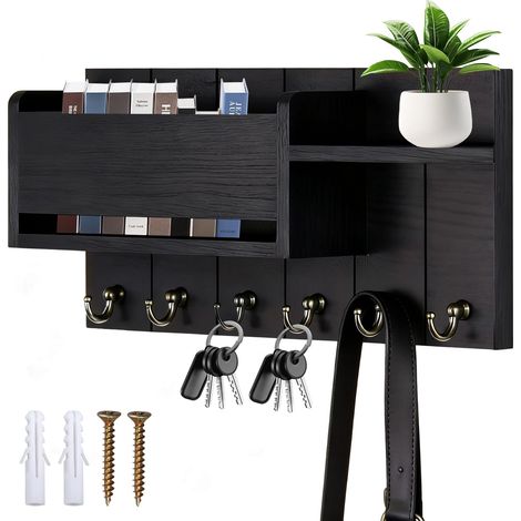 Plaque à clés en bois avec étagère, porte-clés avec 6 crochets à clés, étagère murale décorative en bois avec 2 vis pour entrée, porte d'entrée, couloir, chambre à coucher (1/5)
