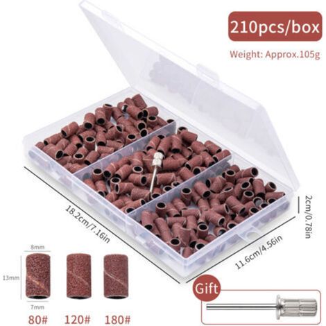 Manicotti abrasivi per levigatrice rotativa – 210 pezzi, grana 80/120/180, compatibili con Dremel, per unghie, ceramica e pietra.