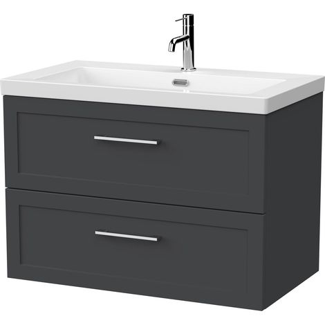 Stonnall Traditional Wall Hung 2 Drawers Vanity Unit with 1 Tap Hole Fireclay Basin, 800mm, Dark Grey